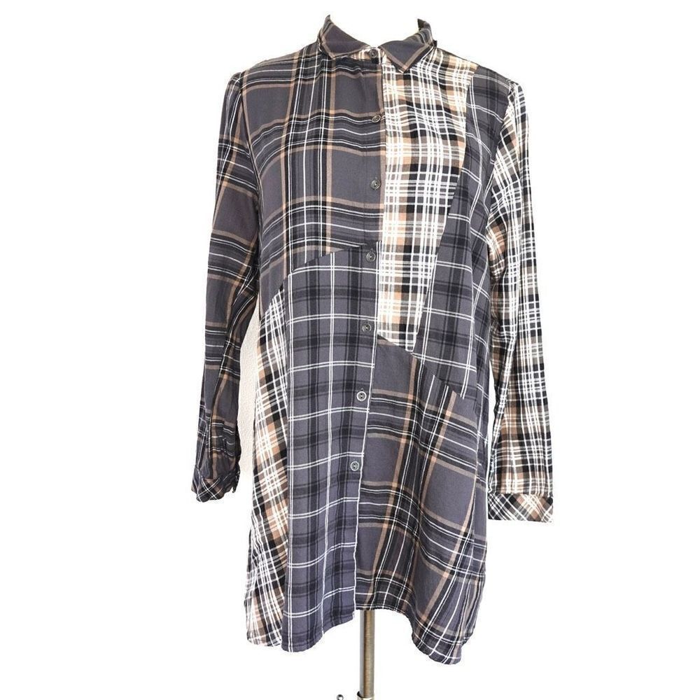 J.Jill Long Multi Plaid Button Down Blouse Tan Black White Size Medium Petite - Picture 1 of 14